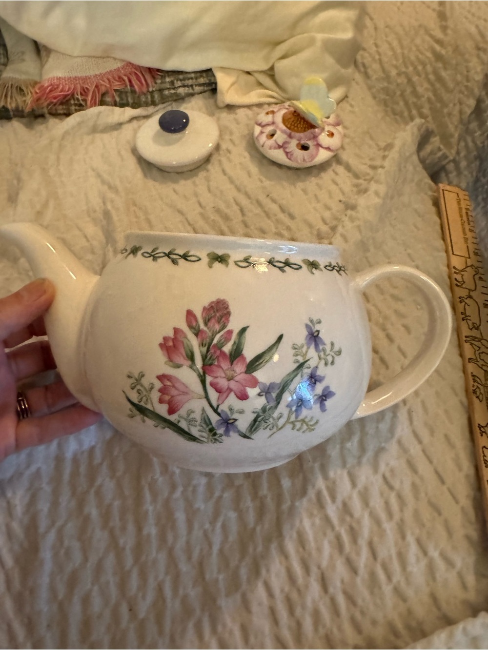 Ceramic Floral Teapot - White with Pink & Green Flower Design no top cute plante